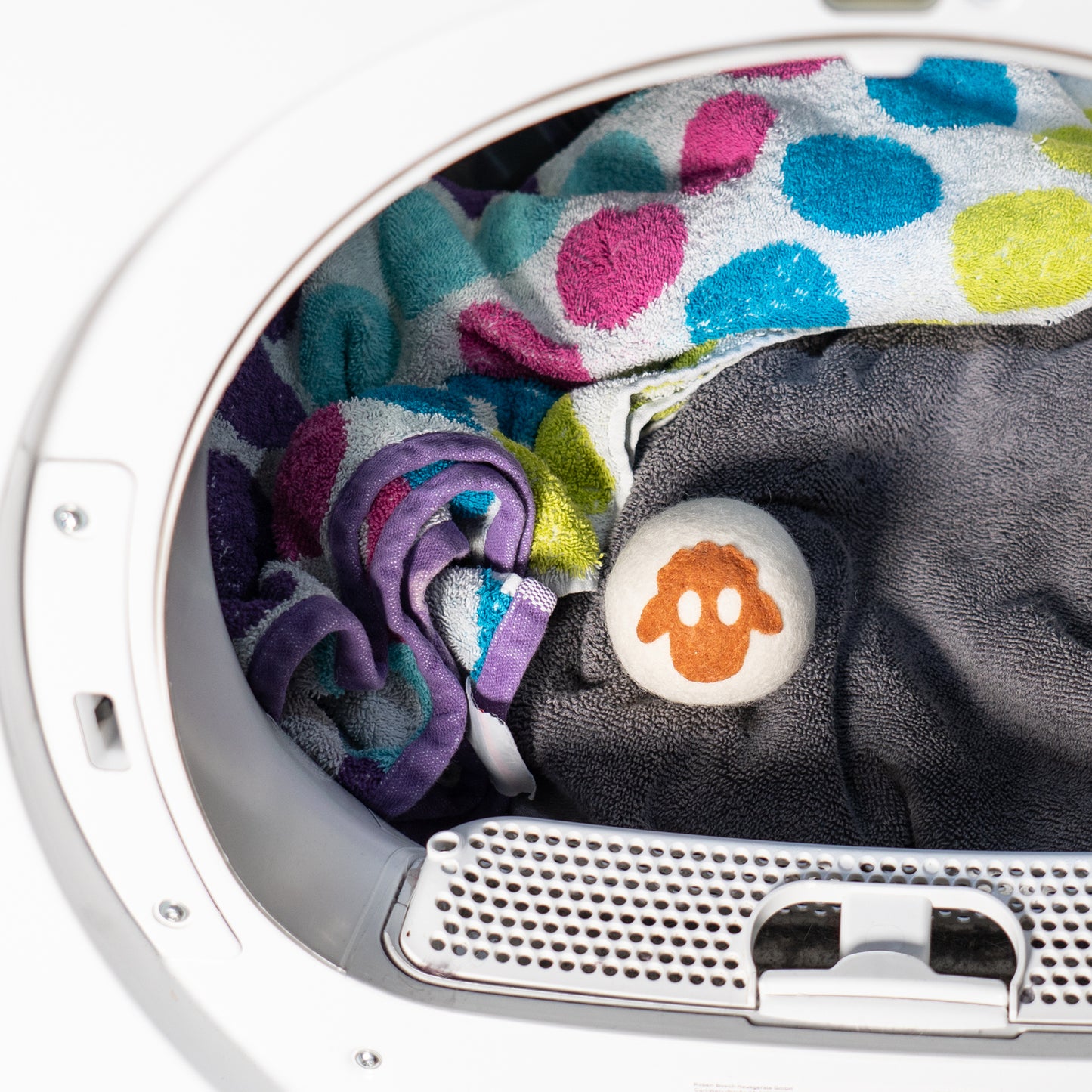 Sheep face dryer ball in tumble dryer